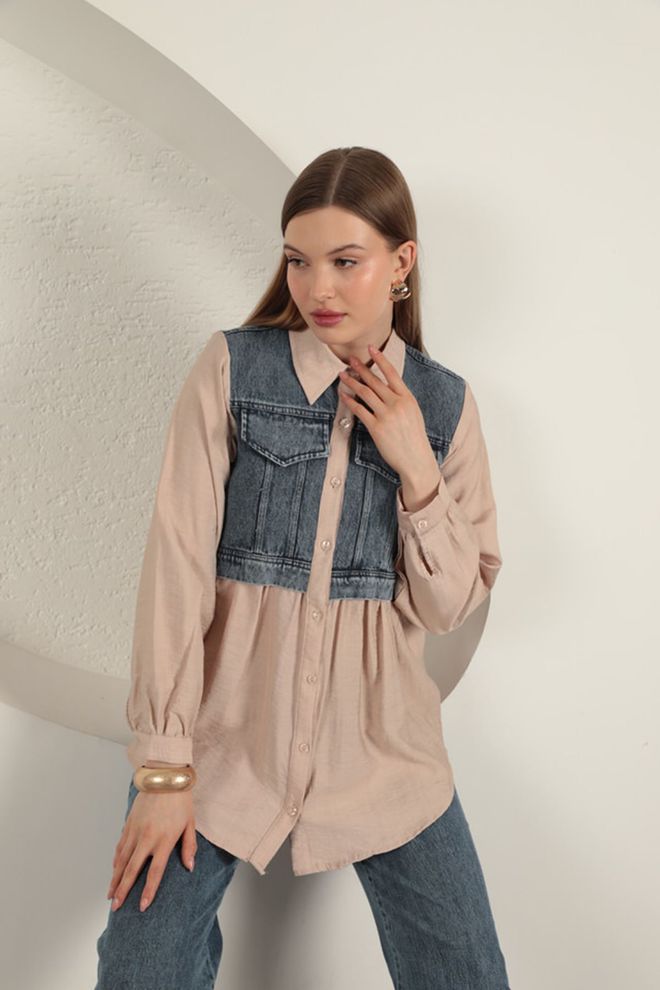 Maxi Modena Camisa De Tela De Popelina Adornada En Mezclilla Beige Ropa al por mayor Casual