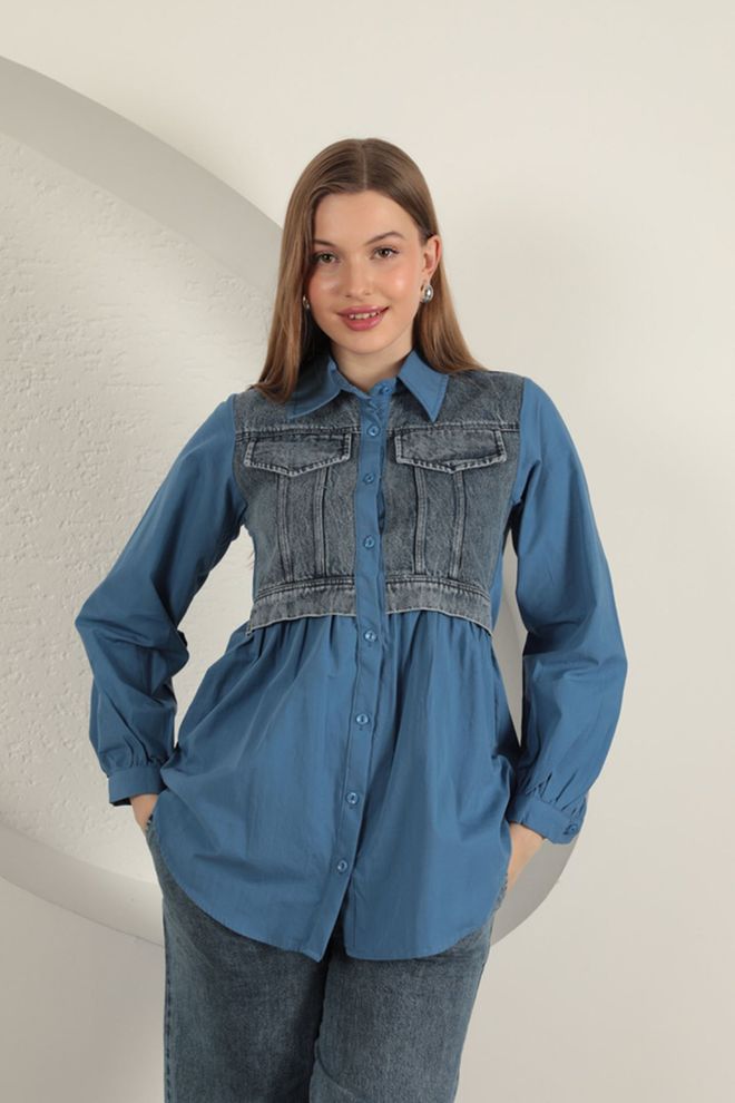 Maxi Modena Camisa De Tela De Popelina Adornada En Mezclilla Indigo Ropa al por mayor Casual