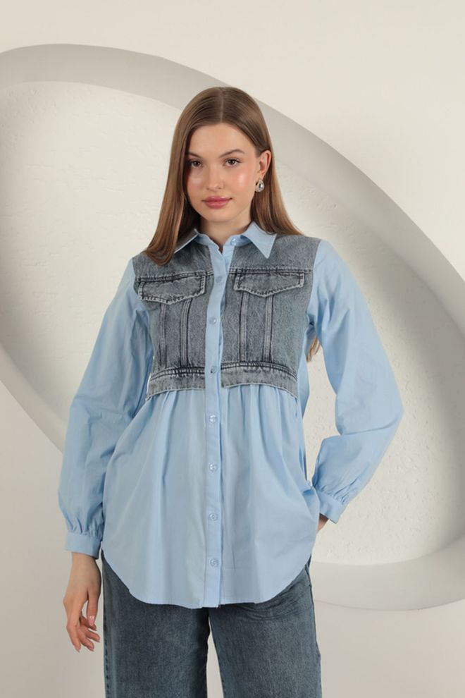 Maxi Modena Camisa De Tela De Popelina Adornada En Mezclilla Azul Ropa al por mayor Casual