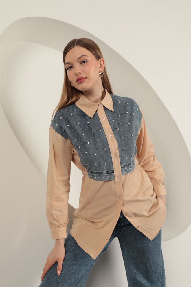 Maxi Modena Camisa Con Detalle De Perlas En La Parte Delantera De Tela De Popelina Beige Ropa al por mayor Casual