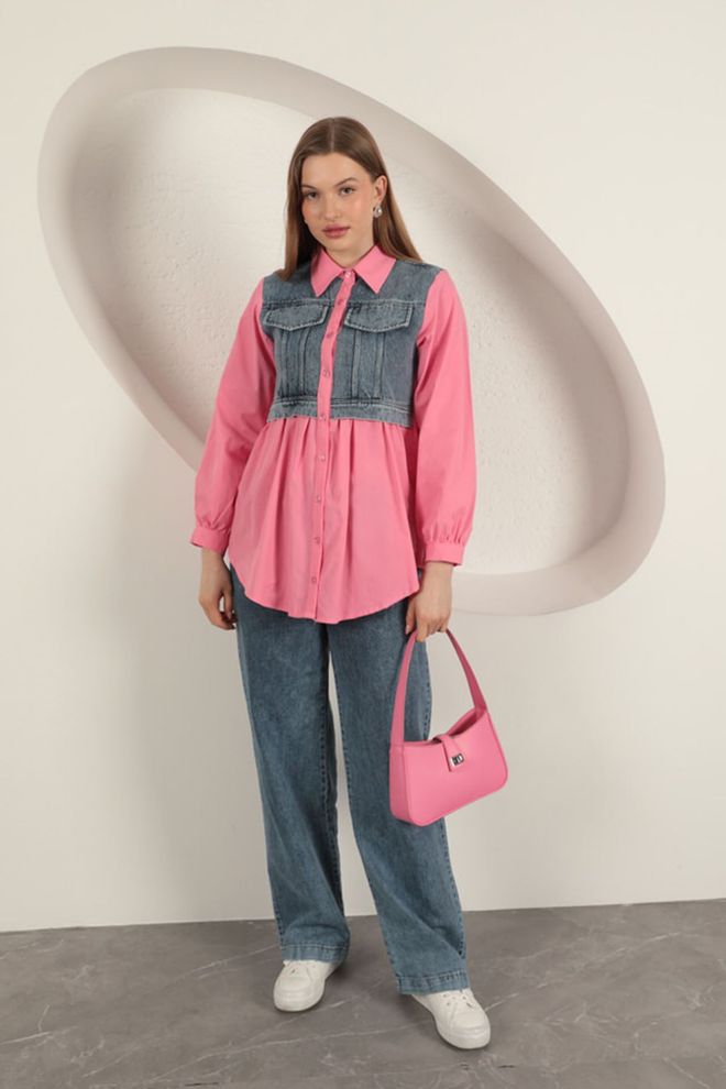 Maxi Modena Camisa De Tela De Popelina Adornada En Mezclilla Rosa Ropa al por mayor Casual