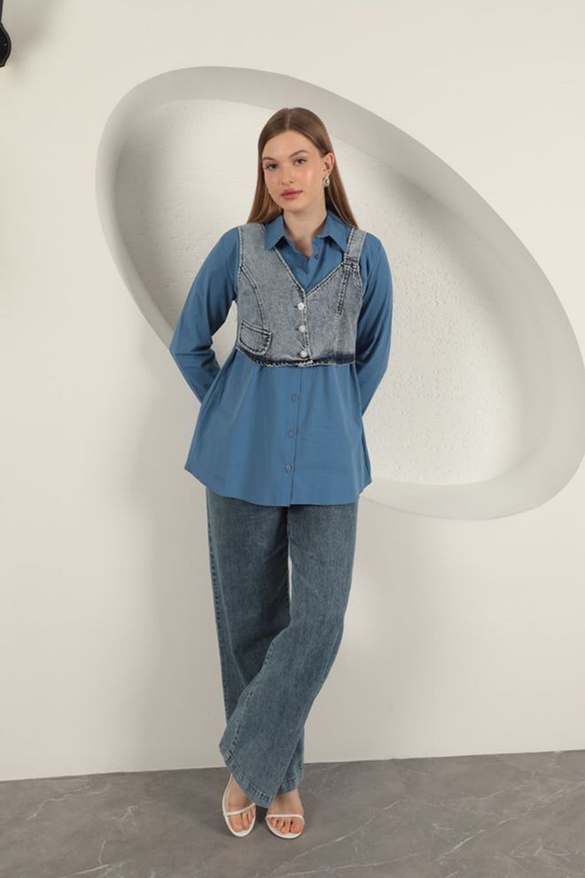 Maxi Modena Camisa Con Detalle De Chaleco De Tela De Popelina Indigo Ropa al por mayor Casual