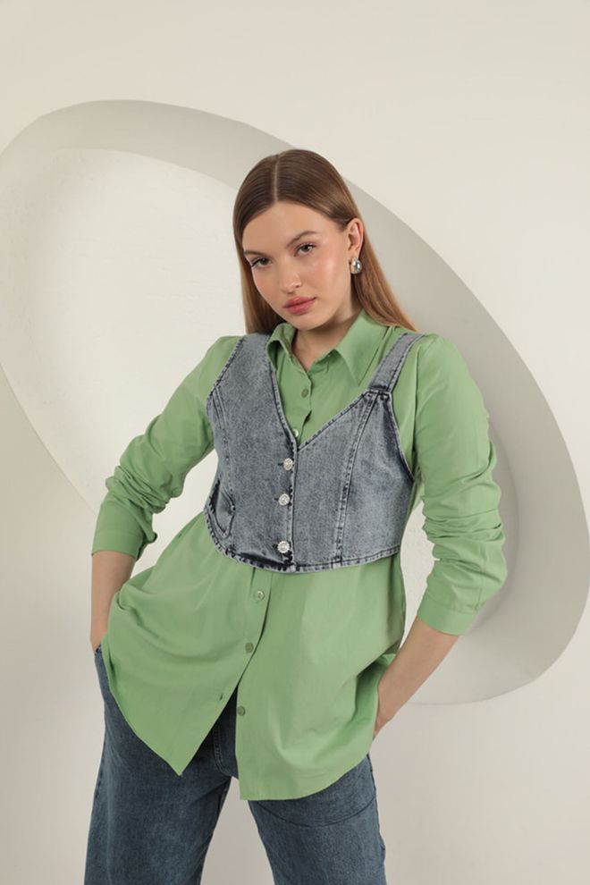Maxi Modena Camisa Verde Pistacho Con Detalle De Chaleco De Tela De Popelina Verde Pistacho Ropa al por mayor Casual