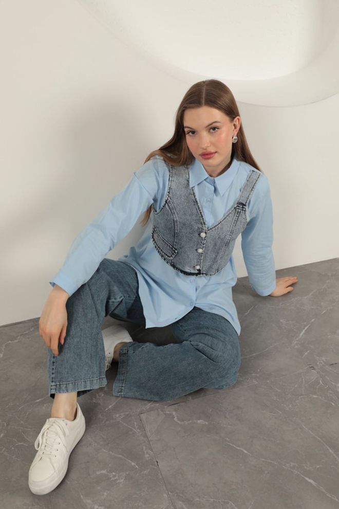 Maxi Modena Camisa Con Detalle De Chaleco De Tela De Popelina Azul Ropa al por mayor Casual