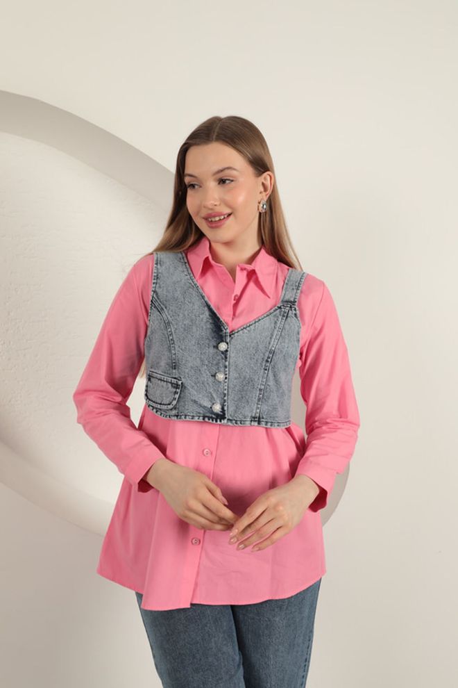 Maxi Modena Camisa Con Detalle De Chaleco De Tela De Popelina Rosa Ropa al por mayor Casual