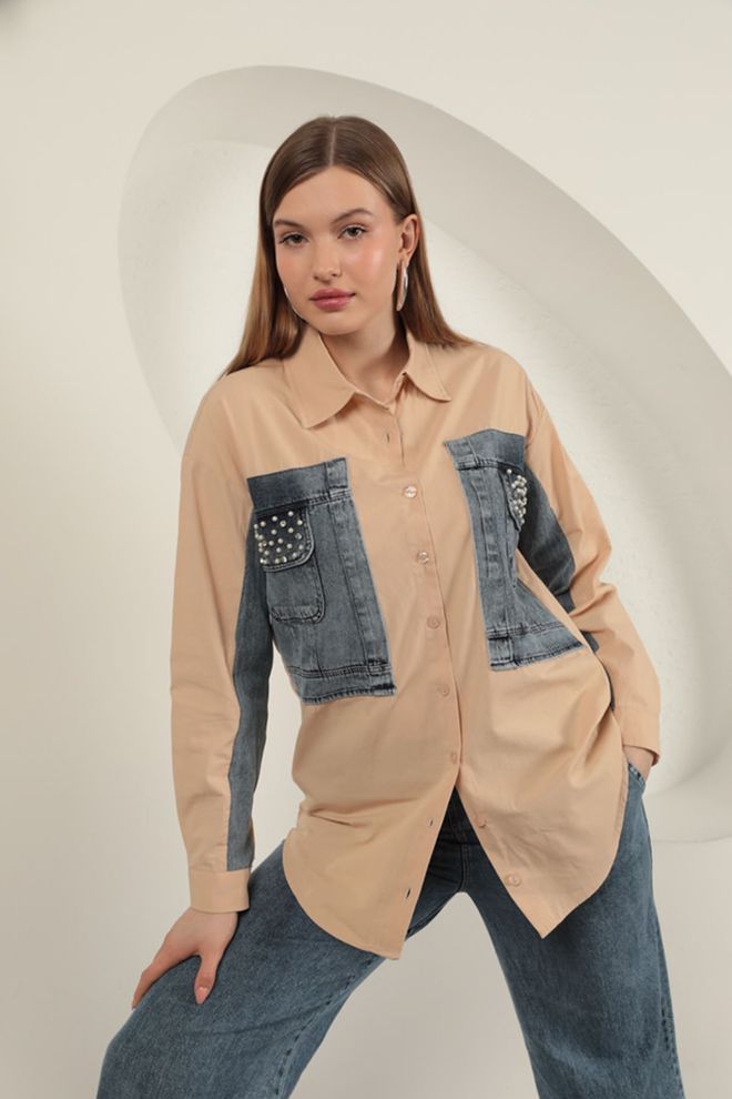 Maxi Modena Camisa De Tela De Popelina Adornada En Mezclilla Beige Ropa al por mayor Casual
