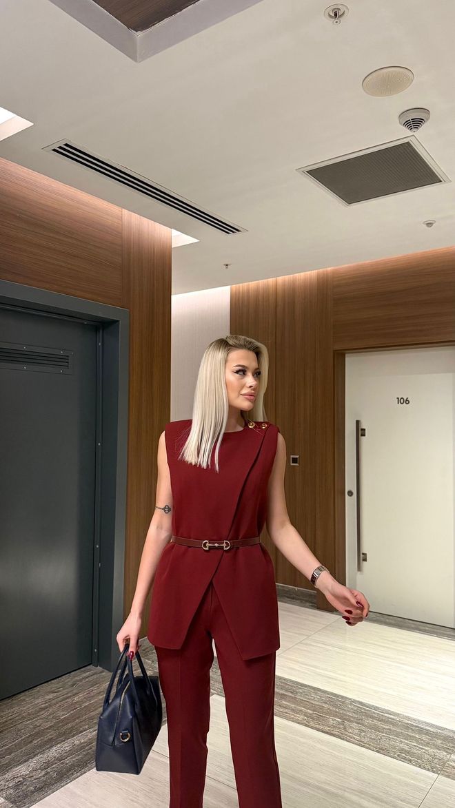 Maxi Modena Belt Detailed Suit Burgundy Wholesale Clothing Elegant