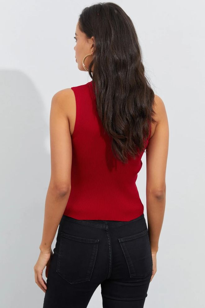 Mina Fashion Κόκκινη Πλεκτή Μπλούζα Με Λαιμόκοψη Χονδρικό εμπόριο ενδυμάτων Casual