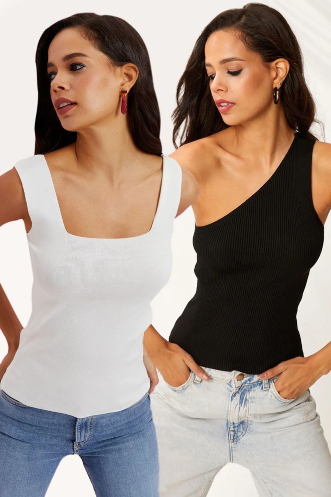 Mina Fashion Weiß schwarze Doppelstrickbluse Großhandelskleidung Lässig