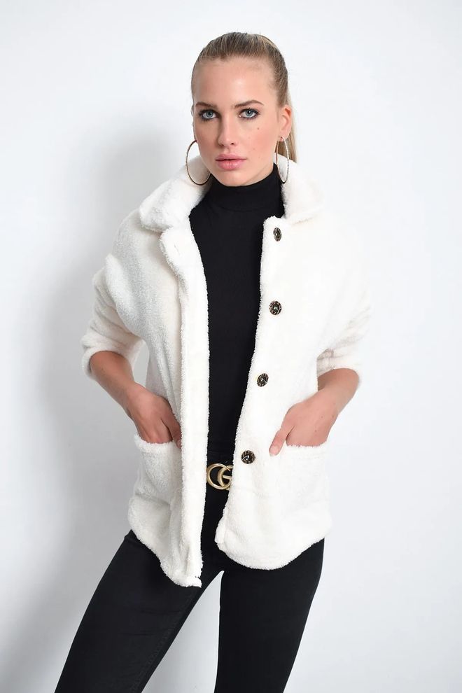 Mina Fashion Ekru Peluş Mont Toptan Giyim Gündelik