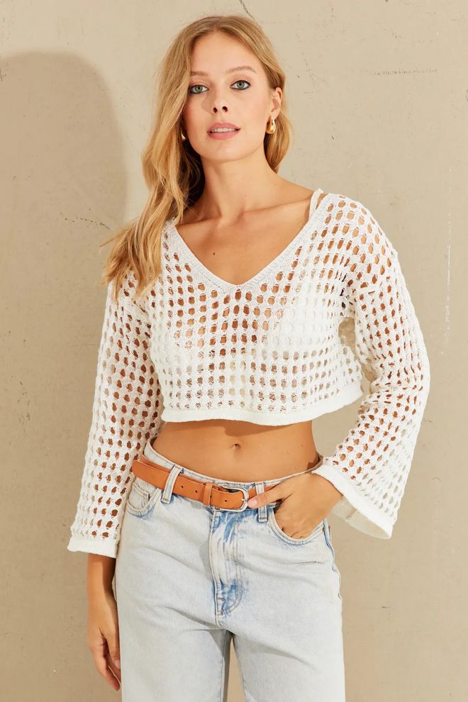 Mina Fashion Blouse En Maille Ajourée À Manches Espagnoles Écru Vêtements en gros Décontracté