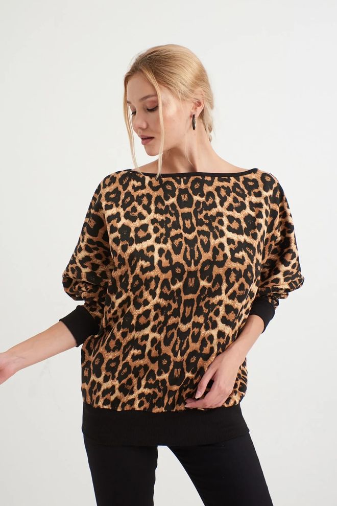 Mina Fashion Felpa con maniche a pipistrello senza schienale con motivo leopardato nero cammello Abbigliamento all'ingrosso Casuale