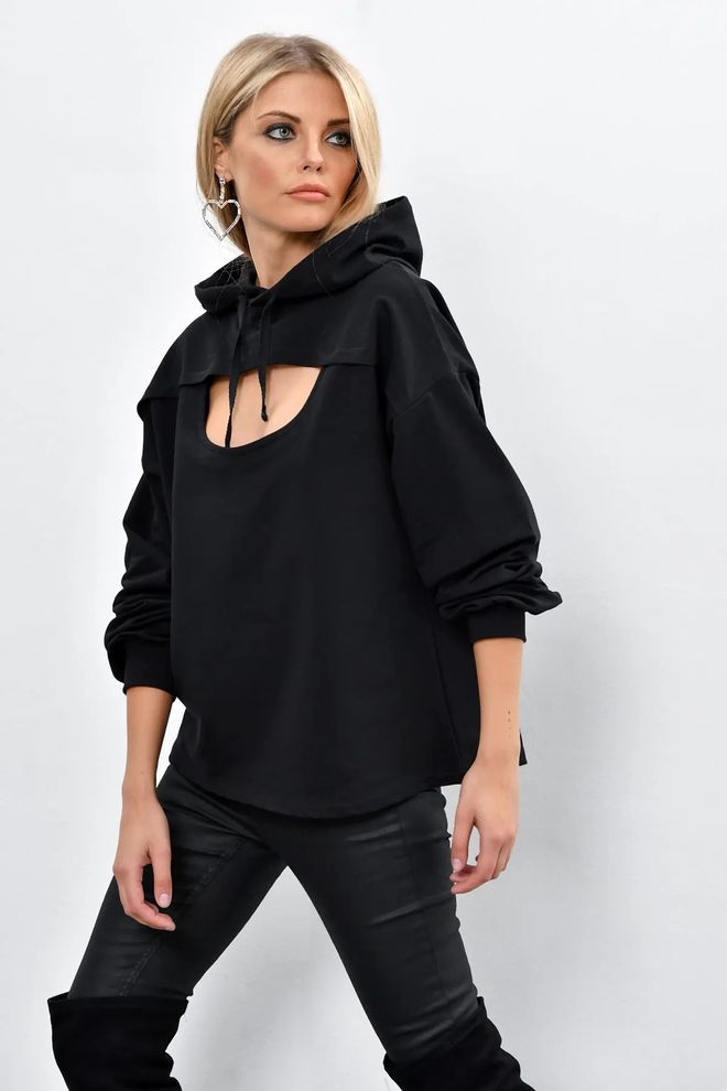 Mina Fashion Felpa con cappuccio nera con finestra frontale Abbigliamento all'ingrosso Casuale