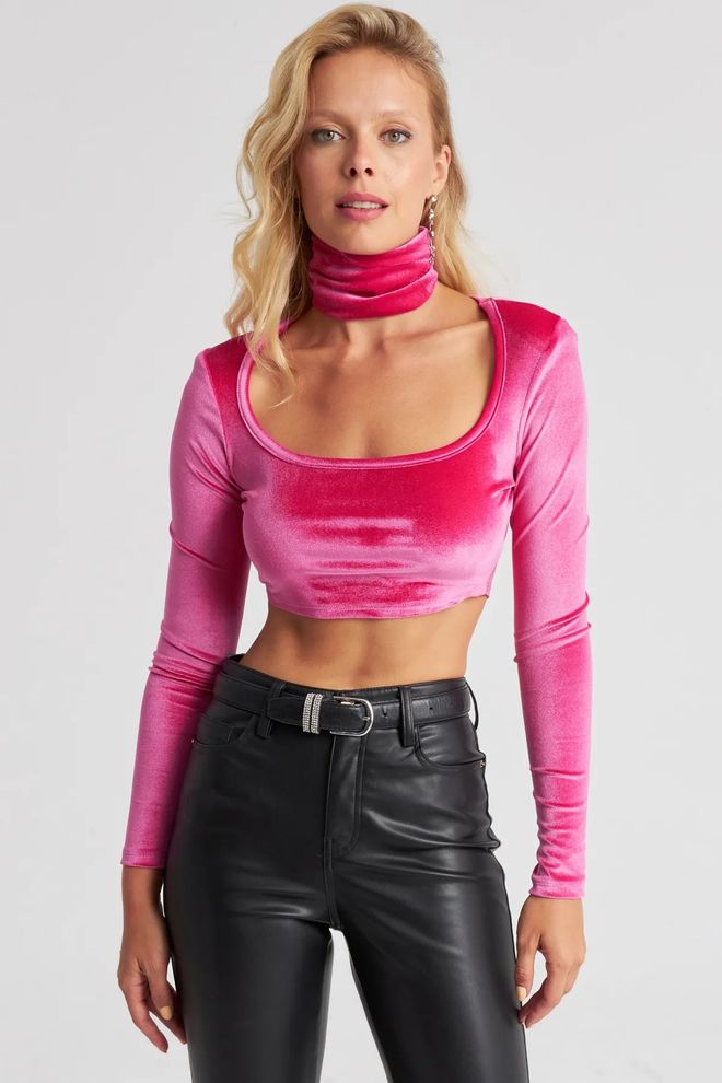 Mina Fashion Fuchsia Square Neck Velvet Crop Blouse With Neck Collar Wholesale Clothing Formal