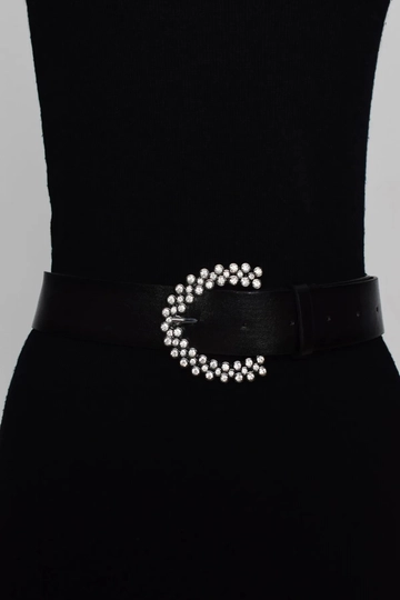 A wholesale clothing model wears  Black-silver Stone Belt
, Turkish wholesale Belt of Mina Fashion