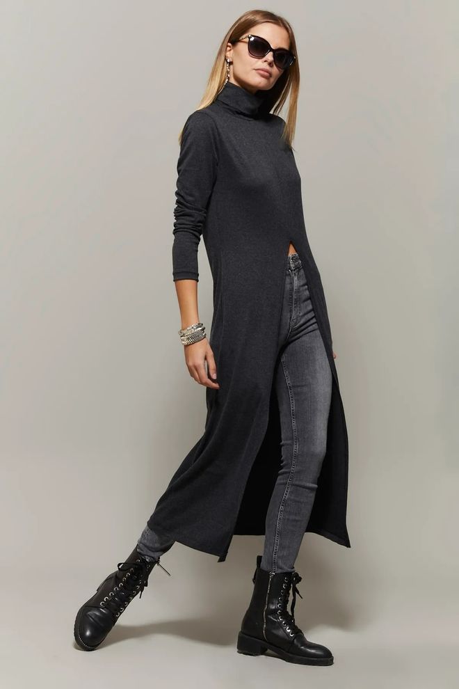 Mina Fashion Anthrazitfarbene Rollkragen Tunika Mit Langem Schlitz Großhandelskleidung Lässig