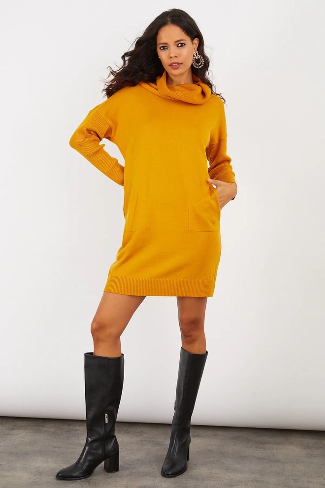 Mina Fashion Senfgelbes Strick Minikleid Mit Rüschenkragen Großhandelskleidung Lässig