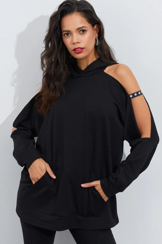 Mina Fashion Felpa nera con cappuccio a maniche aperte Abbigliamento all'ingrosso Casuale