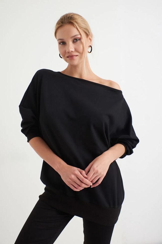 Mina Fashion Felpa nera con maniche a pipistrello senza schienale Abbigliamento all'ingrosso Casuale