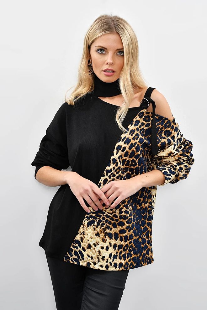 Mina Fashion Felpa monospalla a contrasto nero cammello Abbigliamento all'ingrosso 0