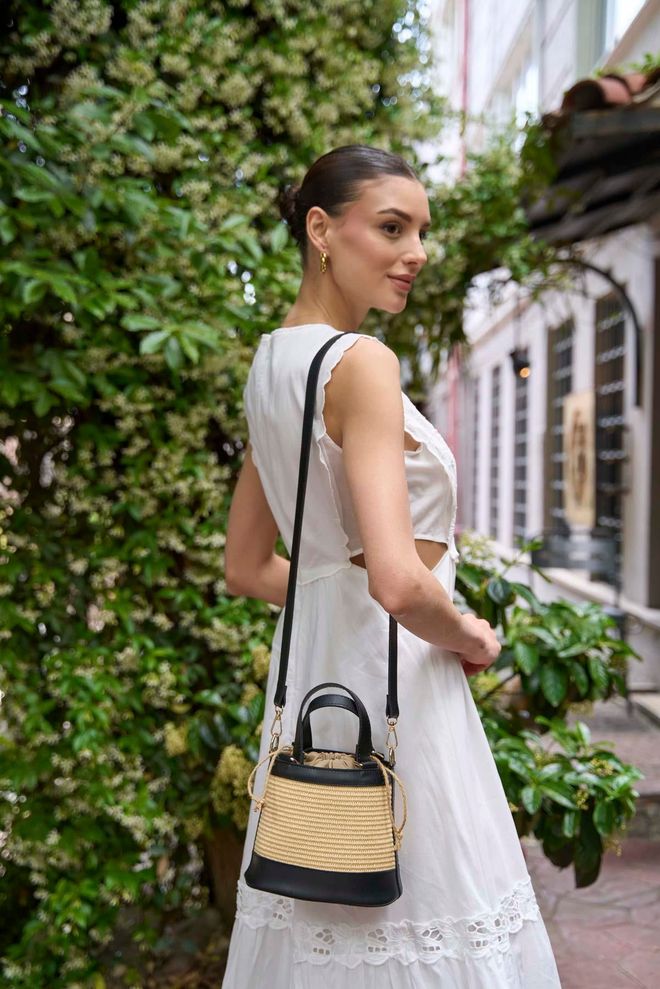 Mina Fashion Чанта за ръце и рамо с кофа в бохемски стил Черна слама Дрехи на едро 0
