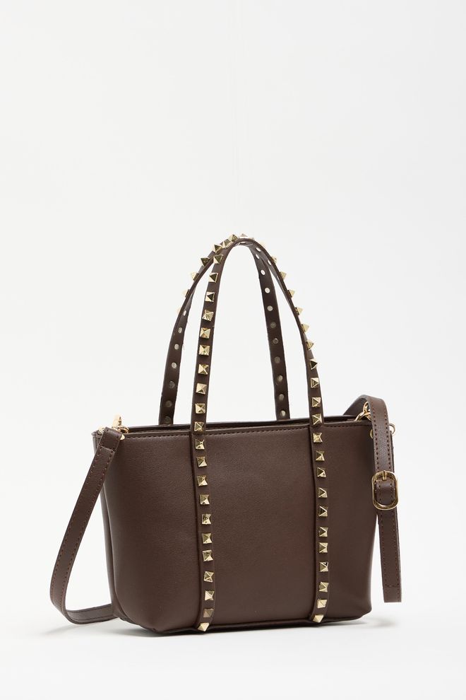 Mina Fashion Bolso de mano y hombro con hebilla de piel sintética con detalle de Staple, marrón Ropa al por mayor 0