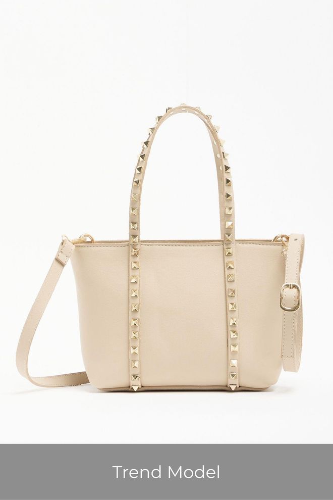 Mina Fashion Bolso de mano y hombro con hebilla de piel sintética con detalle de Staple, color crema Ropa al por mayor 4