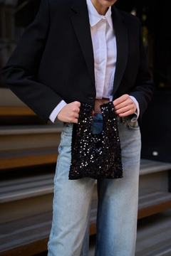 A wholesale clothing model wears mna11258-sequined-handbag-black-large-sequined, Turkish wholesale Bag of Mina Fashion