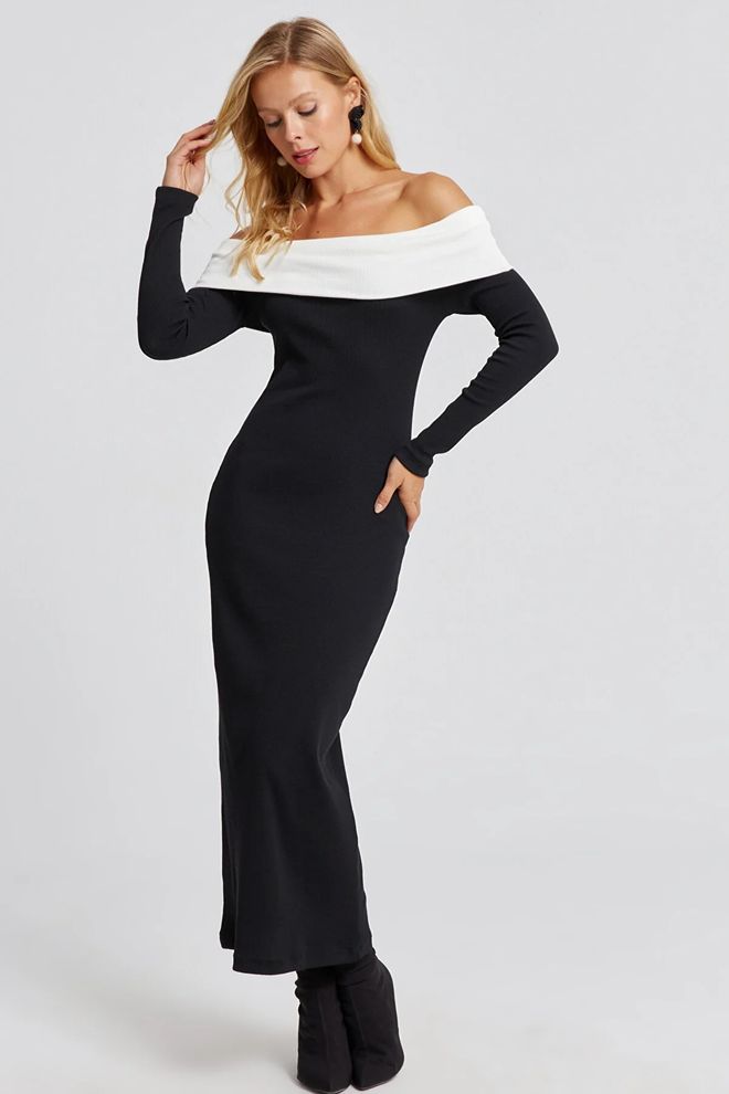 Mina Fashion Abito lungo da donna con colletto della Madonna nero Abbigliamento all'ingrosso Elegante
