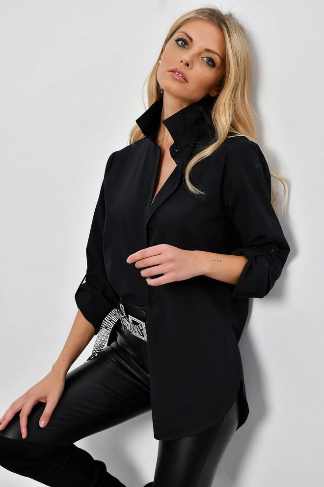 Mina Fashion Zwart lang overhemd met verborgen knopen Groothandel Kleding Casual