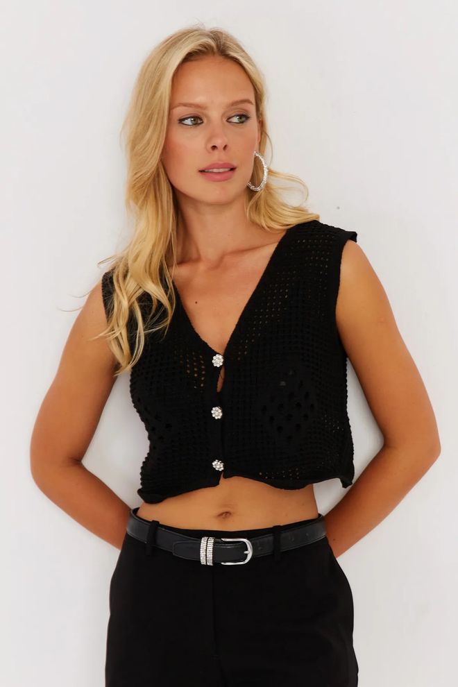 Mina Fashion Chaleco De Punto Calado De Mujer De Color Negro Ropa al por mayor 0