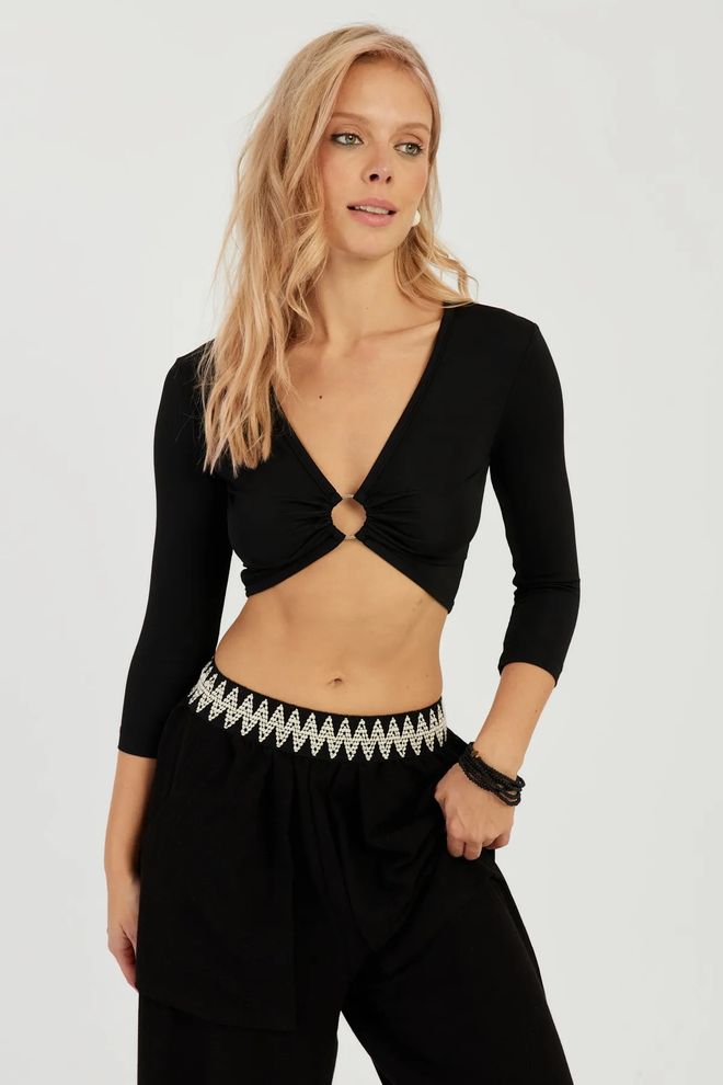Mina Fashion Γυναικεία Μαύρη Μπλούζα Crop Με Θηλιά Μπροστά Χονδρικό εμπόριο ενδυμάτων Casual