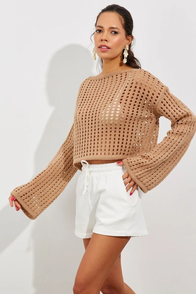 Mina Fashion Camicetta Corta In Maglia Traforata Con Maniche Spagnole Color Cammello Da Donna Abbigliamento all'ingrosso Casuale