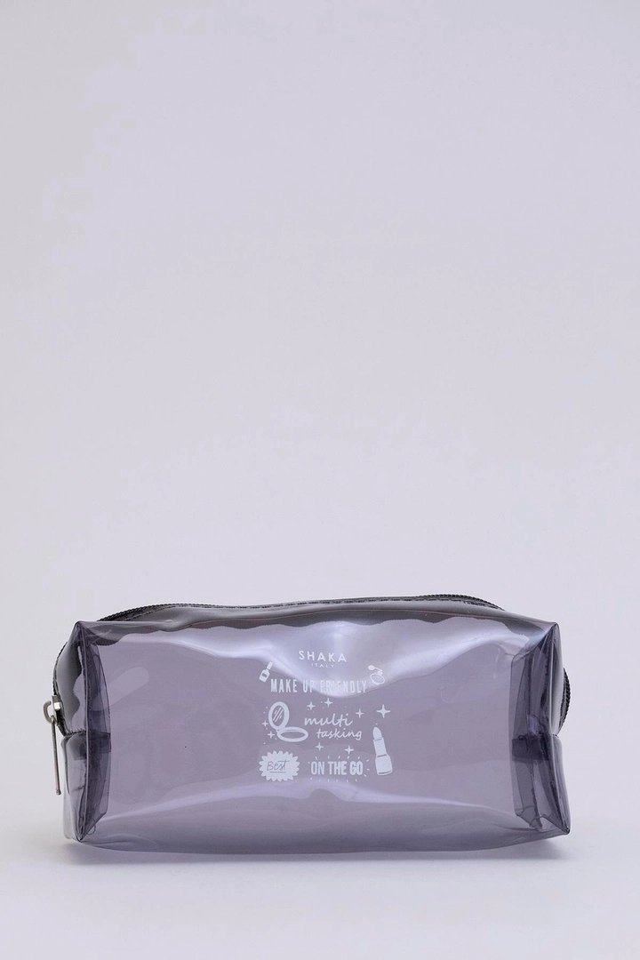 A wholesale clothing model wears mna11574-rectangular-transparent-pvc-travel-&-makeup-bag, Turkish wholesale Bag of Mina Fashion