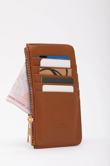 A wholesale clothing model wears  Faux Leather Zippered Card Holder Wallet With Coin And 5 Card Compartments
, Turkish wholesale Bag of Mina Fashion