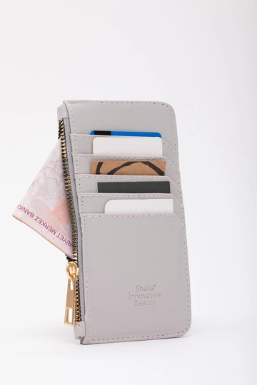A wholesale clothing model wears  Faux Leather Zippered Card Holder Wallet With Coin And 5 Card Compartments
, Turkish wholesale Bag of Mina Fashion