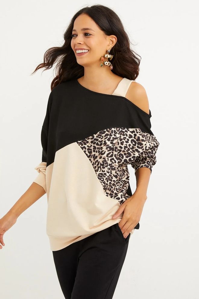 Mina Fashion Felpa Bloccata Con Motivo Leopardato Su Una Spalla Abbigliamento all'ingrosso Casuale