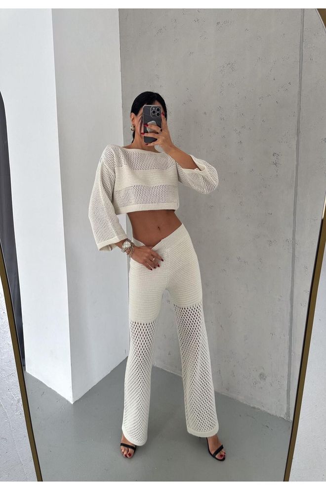 Mina Fashion Женски Кремасти Изрез Са Чамцем Летњи Сет Од Трикотаже Са Поставом Панталона Велепродаја одеће Неформалан