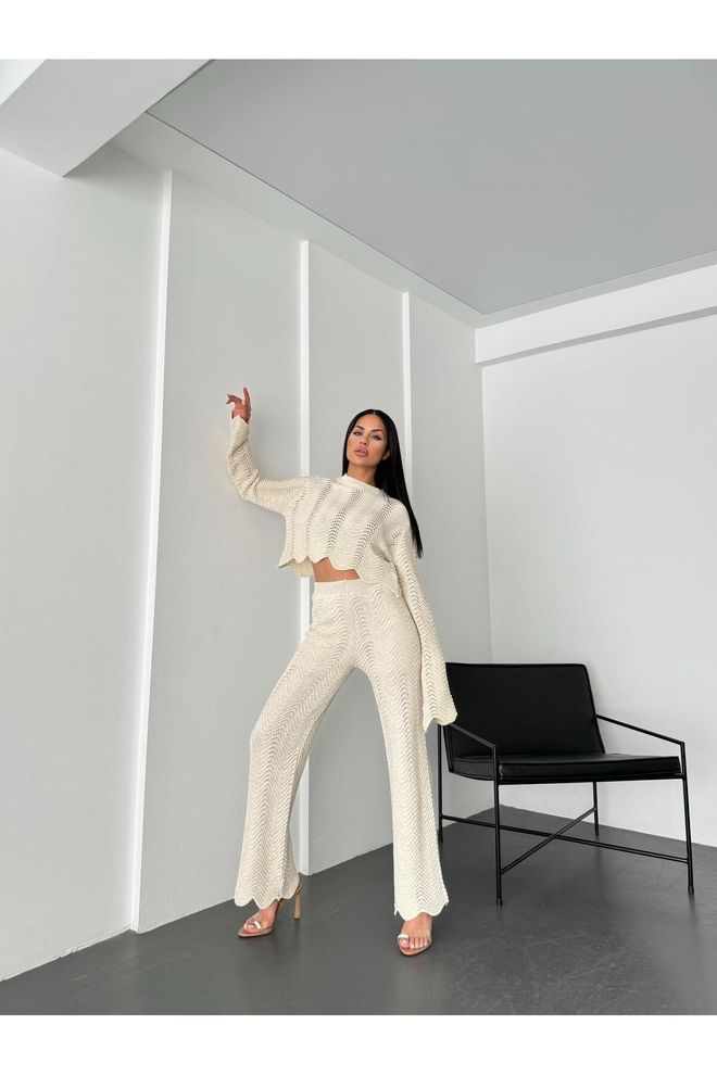 Mina Fashion Crèmekleurige Lurex Crop broek Gevoerde Gebreide Damesset Groothandel Kleding Casual