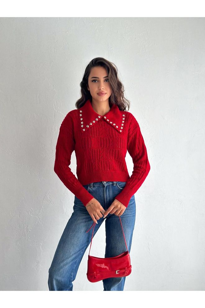 Mina Fashion Γυναικείο Πλεκτό Πουλόβερ Με Μοτίβο Ρουζ Με Κόκκινο Μαργαριτάρι Χονδρικό εμπόριο ενδυμάτων Casual