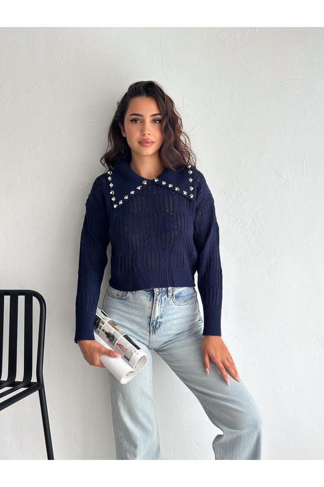 Mina Fashion Women's Navy Blue Pearl Detailed Gherkin Pattern Knitwear Sweater Wholesale Clothing Casual