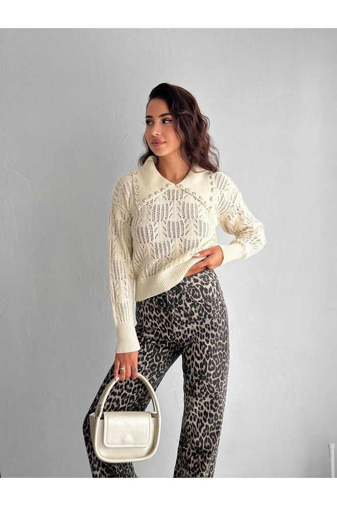 Mina Fashion Women's Cream Pearl Detailed Gherkin Pattern Knitwear Sweater Wholesale Clothing Casual