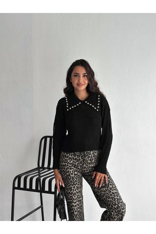 Mina Fashion Women's Black Pearl Detailed Gherkin Pattern Knitwear Sweater Wholesale Clothing Casual