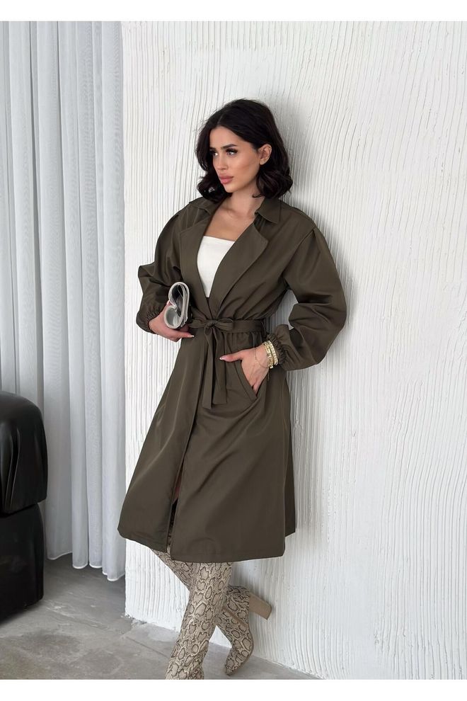 Mina Fashion Women's Dark Green Waist Tie Balloon Sleeve Trench Coat Wholesale Clothing Casual