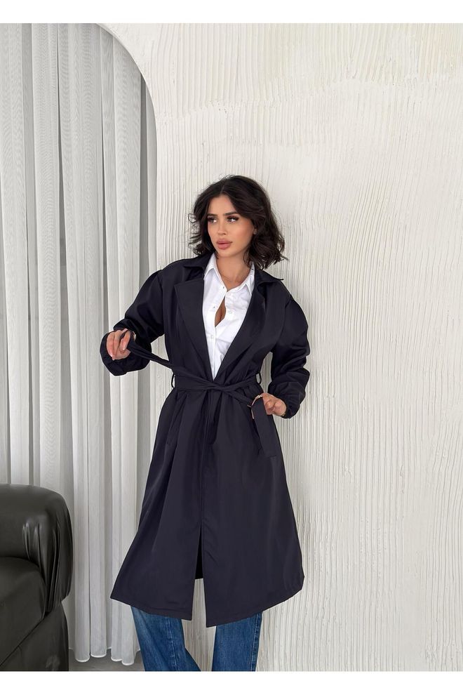 Mina Fashion Women's Navy Blue Waist Tie Balloon Sleeve Trench Coat Wholesale Clothing Casual