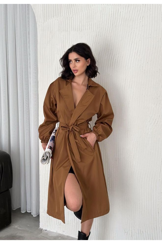 Mina Fashion Women's Tan Waist Tie Balloon Sleeve Trench Coat Wholesale Clothing Casual