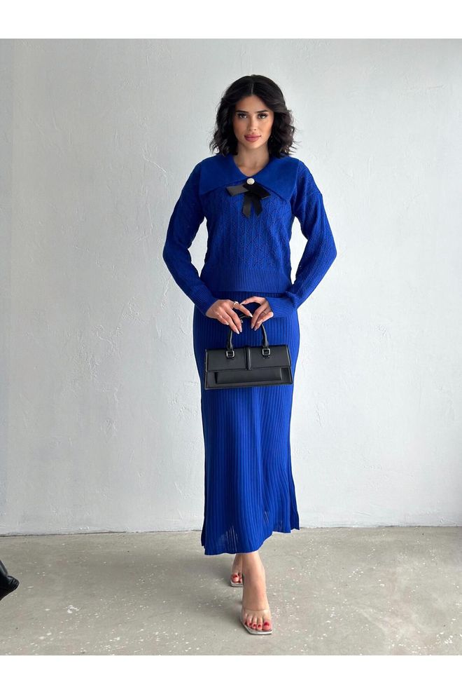 Mina Fashion Женски Дупли Сет Џемпера Са Плавим Машном Велепродаја одеће Елегантан