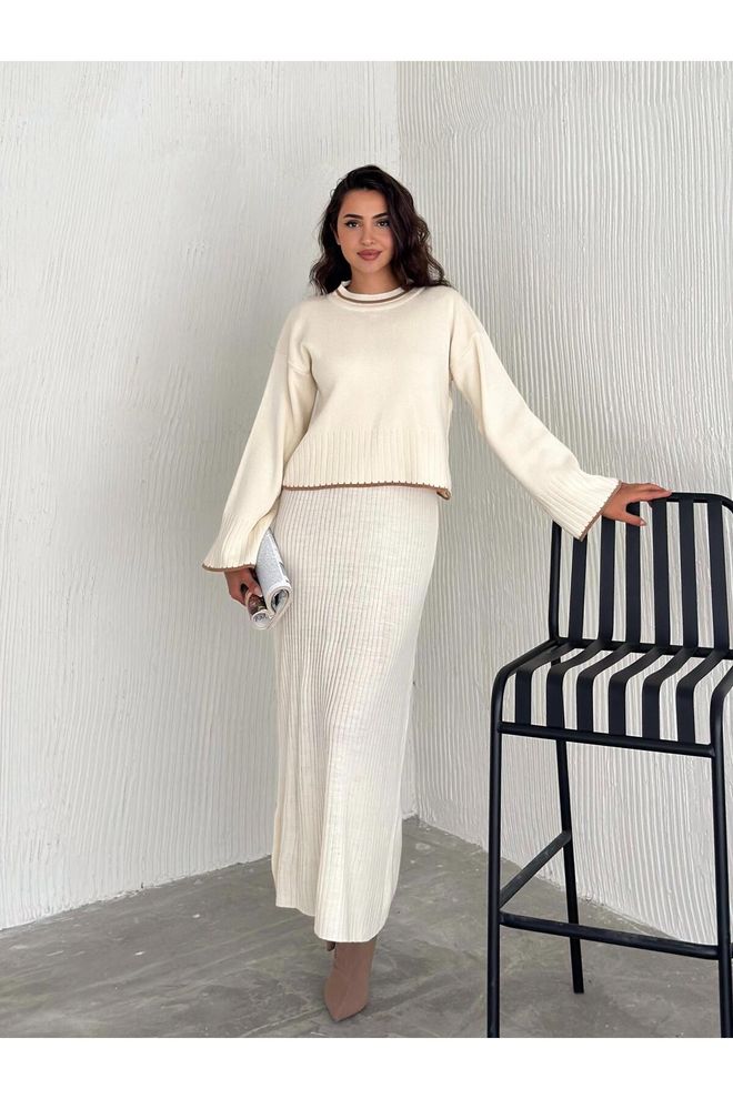 Mina Fashion Crèmekleurige Geribbelde Sweaterjurk Voor Dames Dubbele Set Groothandel Kleding 0