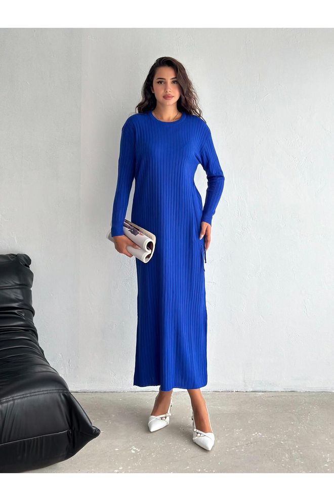 Mina Fashion فستان تريكو طويل مزين برباط جانبي أزرق اللون نسائي ملابس بالجملة غير رسمي