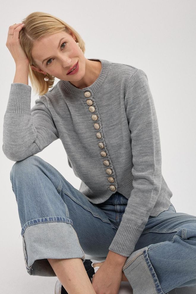 Mina Fashion Women's Gray Gold Button Detailed Knitwear Cardigan Wholesale Clothing Casual
